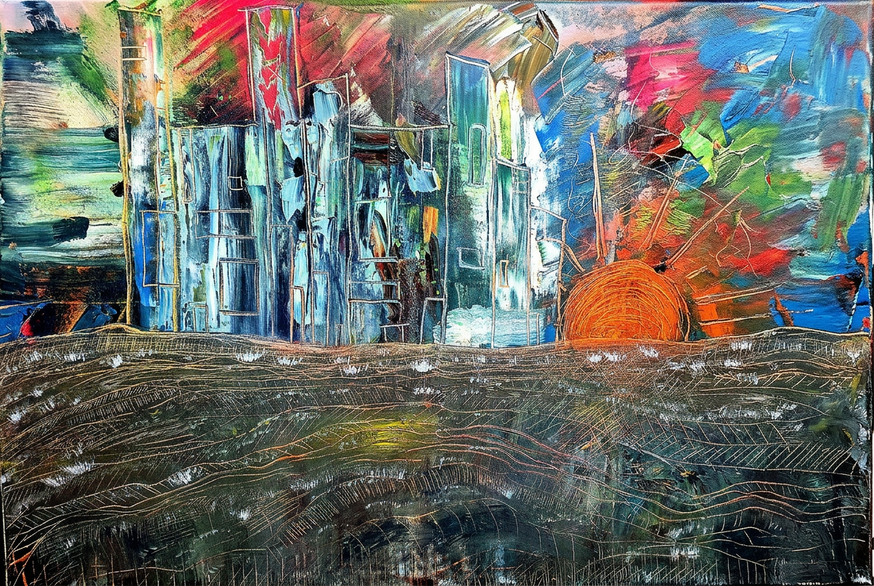 Rust Sun, Falling City - abstract oil painting with thick impasto, teal towers and an orange sun